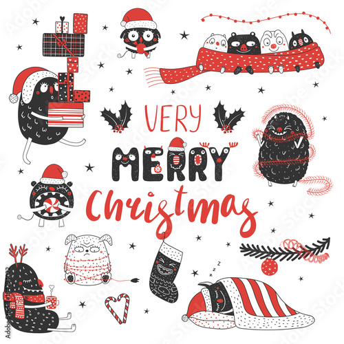 Set of hand drawn cute funny monsters in Santa hats, with presents, ornaments, text Very Merry Christmas. Isolated objects on white background. Vector illustration. Design concept kids, winter holiday