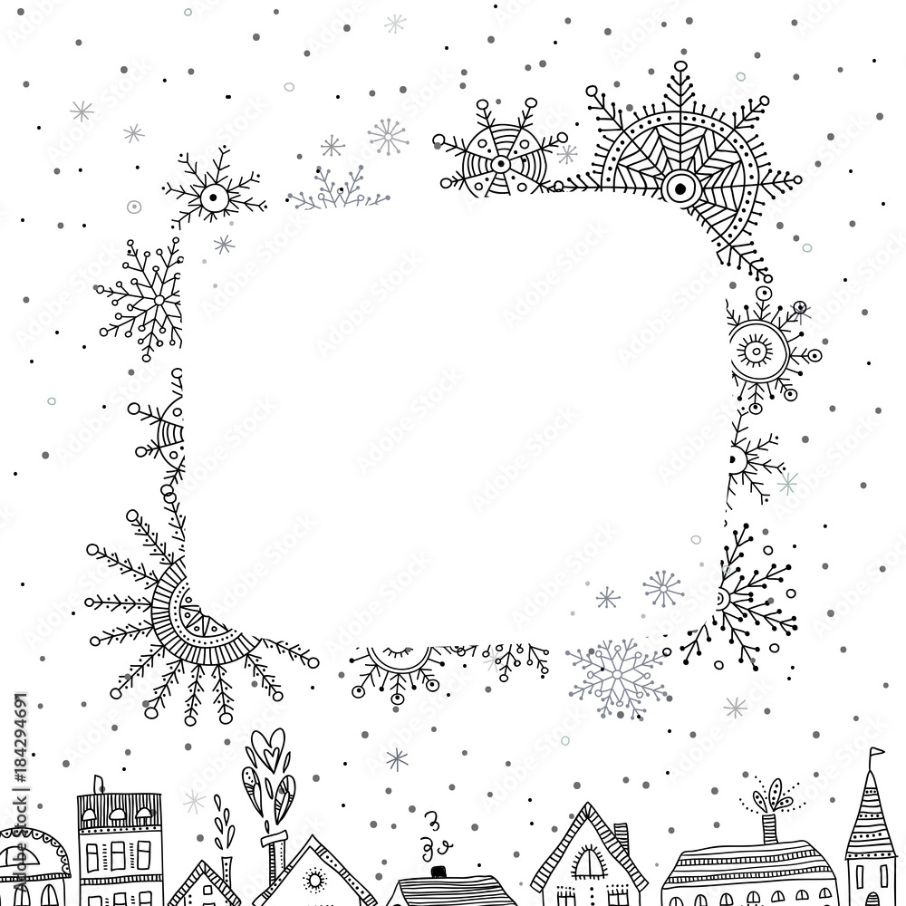 Merry Christmas frame for text with houses in snowy city