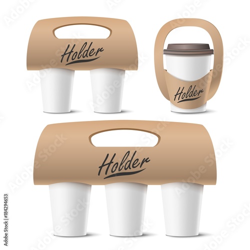 Coffee Cups Holder Set Vector. Realistic Mockup. Empty Packaging For Carrying. One, Two, Three Cups. Hot Drink. Take Away Cafe Coffee Cups Holder Mockup. Isolated Illustration