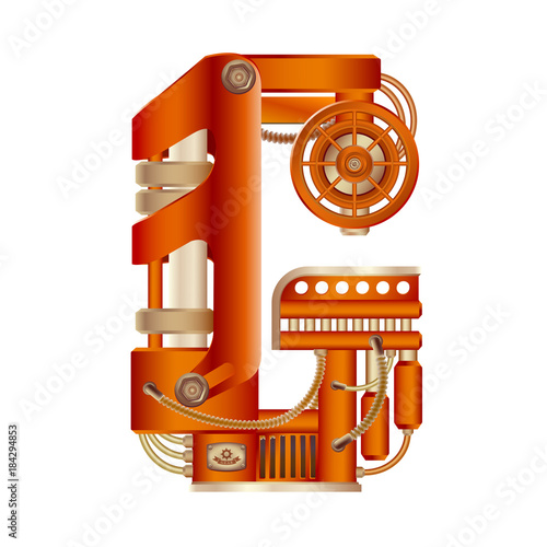 The letter G of the Latin alphabet, made in the form of a mechanism with moving and stationary parts on a steam, hydraulic or pneumatic draft. Isolated freely editable object on white background.
