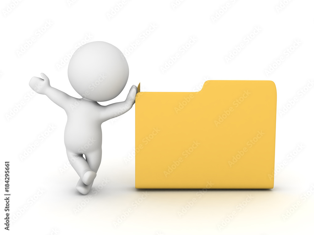 3D Character waving and leaning on file folder 3D Character waving and leaning on file folder