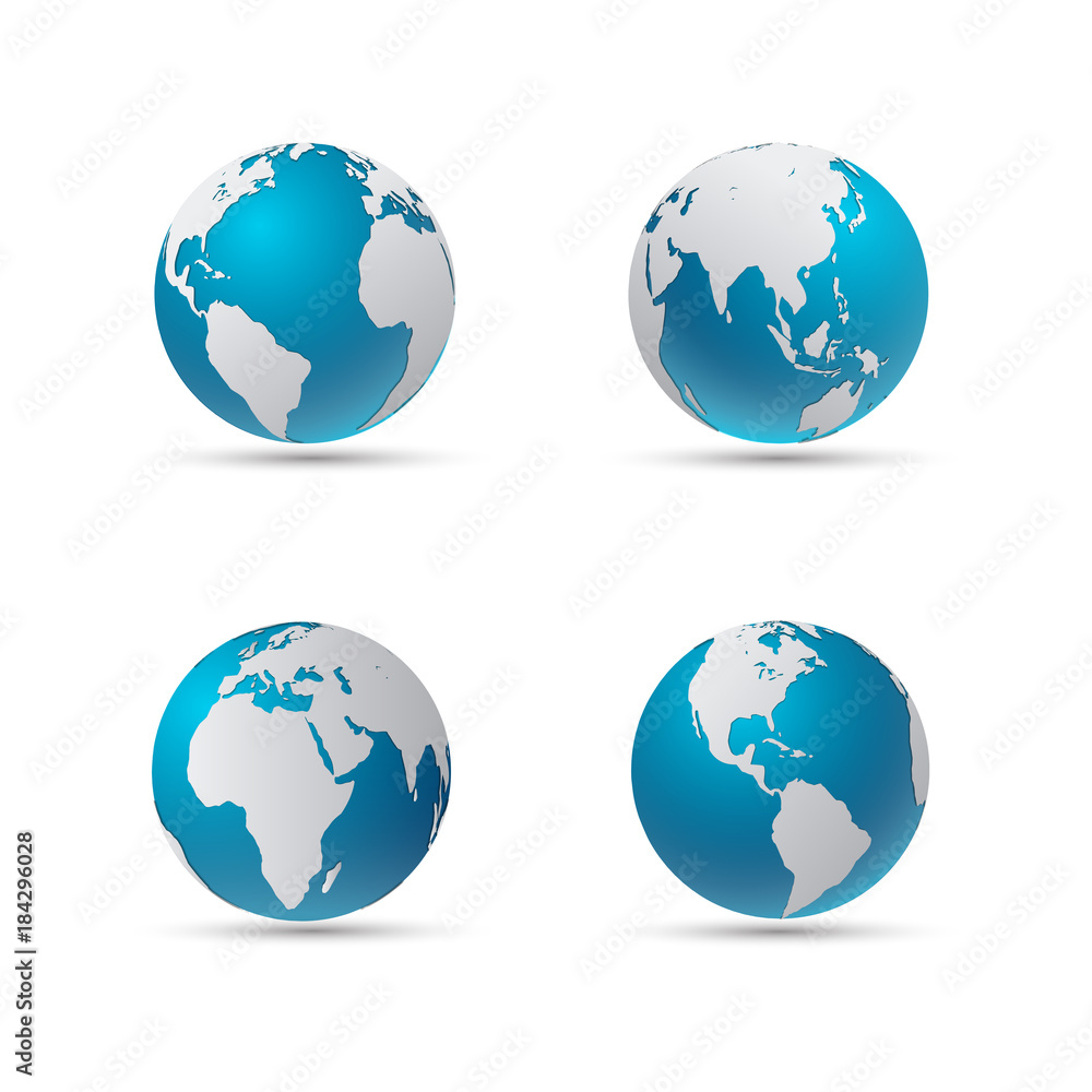 Four globe icons with smooth shadows and white map of the continents of the world Four globe icons with smooth shadows and white map of the continents of the world