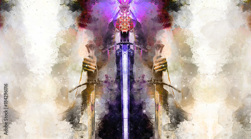 Medieval sword in woman hand and Softly blurred watercolor background.