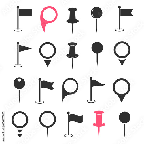 Set of map pin icons and location marker signs. Vector illustration.