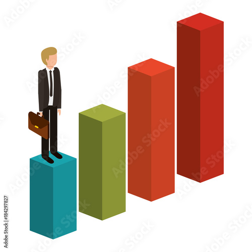 frustrated businessman with briefcase standing on a graph down unsuccessful character isometric vector illustration