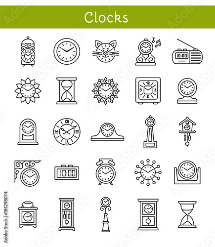 Set of different isolated wall, table and floor clocks. Home decor elements. Devices for measuring time. Vector line icon collection. 