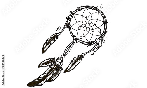 Hand drawn ornate Dreamcatcher with feathers, gemstones.