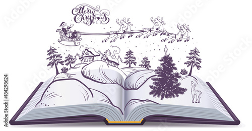 Open book tale about Christmas. Santa and deer in sky above winter forest