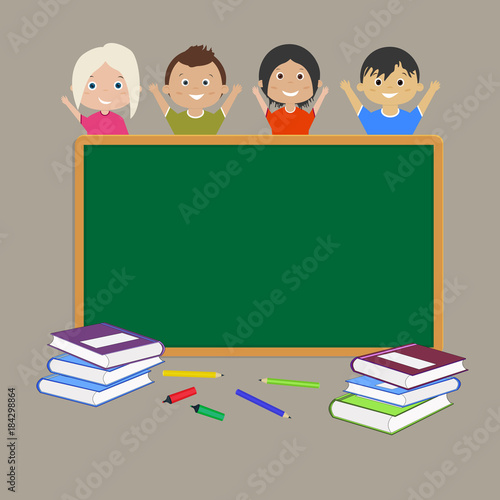 School Board. several books of different colors, pencils and a few students.