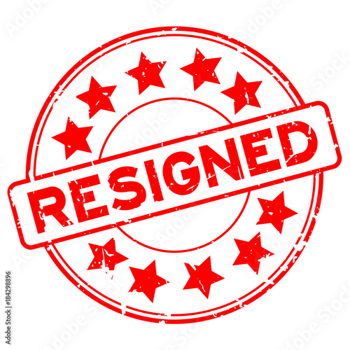 Grunge red resigned wording with star icon round rubber seal stamp on white background