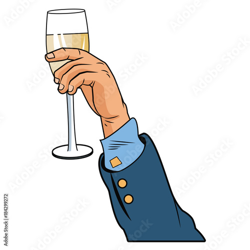 Hand with champagne cup pop art icon vector illustration graphic design
