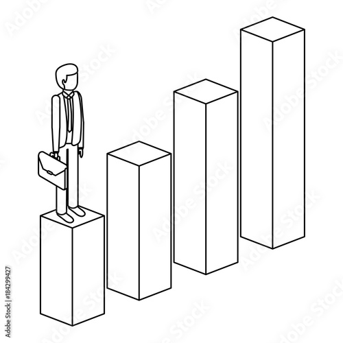 frustrated businessman with briefcase standing on a graph down unsuccessful character isometric vector illustration outline
