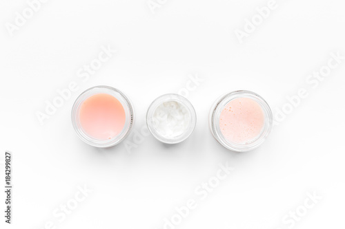 Professional cosmetics for cosmetologist on white background top view copyspace