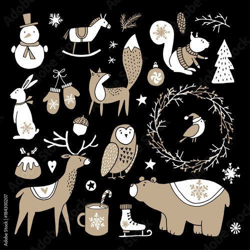 Set of cute doodle sketches. Christmas clip-arts of bear, bunny, reindeer, fox, owl, squirrel and snowman. Scandinavian design. Isolated hand drawn vector objects on black background.