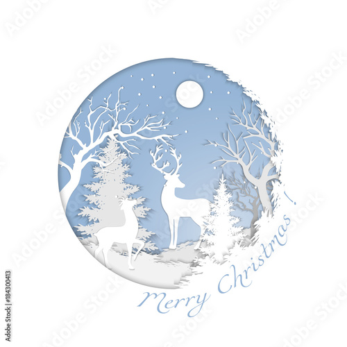 Paper landscape of a magical Christmas and a happy new year. Cutting paper. vector illustration