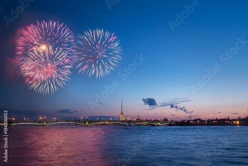 Salute, fireworks in Saint Petersburg, Peter and Paul fortress. Victory day, 9 may