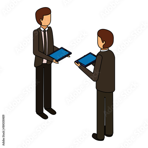 businessmen standing holding device technology isometric vector illustration