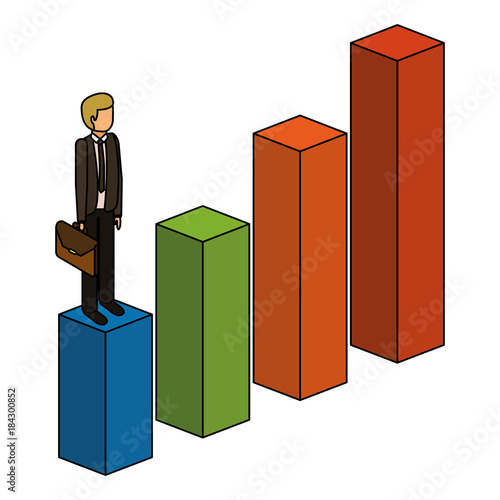 frustrated businessman with briefcase standing on a graph down unsuccessful character isometric vector illustration