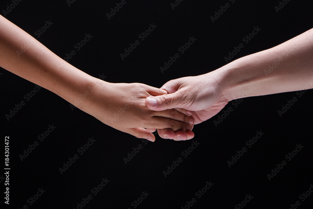 Closeup human hand touch together.