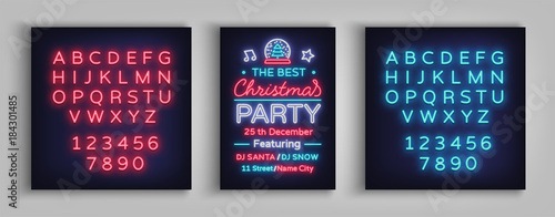 Christmas party vector template brochure. Christmas card design is designed in neon style. Neon banner, bright luminous advertising for your Christmas projects. Editing text neon sign. Neon alphabet