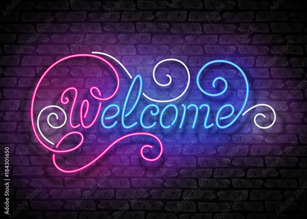 Vintage Glow Signboard with Welcome Inscription. Lamps in Swirly Shapes. Shiny Neon Light Style, Hand Drawn Lettering. Advertisement Flyer. Vector 3d Illustration. Abstract Decorative Art