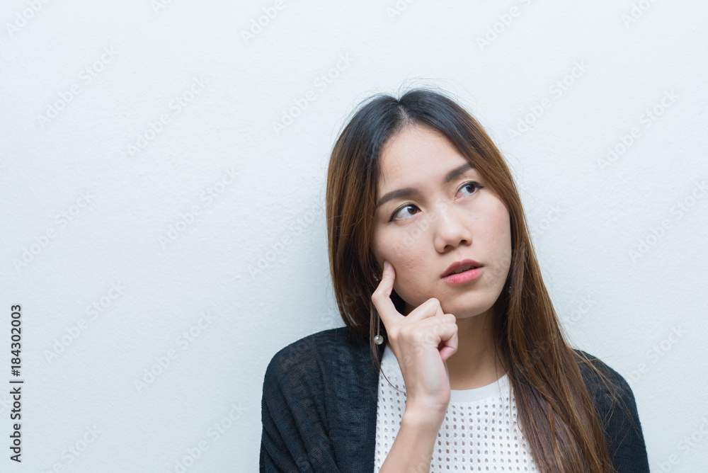 Business woman think for ideas isolate on white background,Thailand people,Secretary girl thinking concept Business woman think for ideas isolate on white background,Thailand people,Secretary girl thinking concept