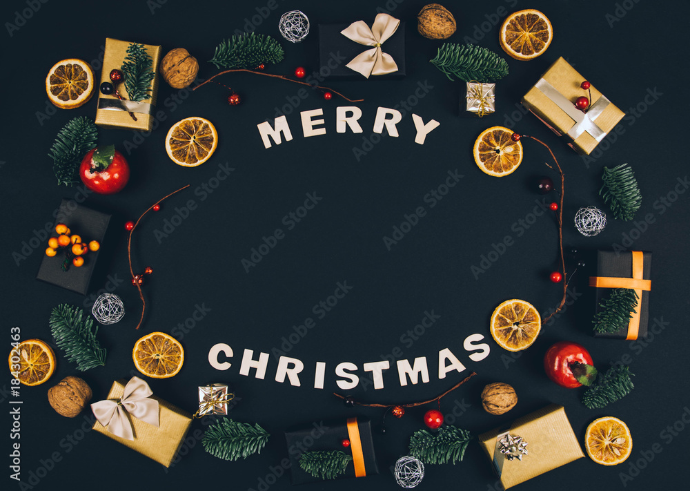 Christmas new year black stylish background and frame with gifts. Christmas new year black stylish background and frame with gifts.