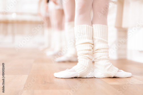 Girls ballet dancers rehearse in ballet class.