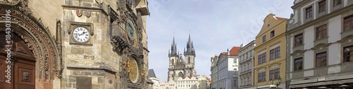 Panoramic view of Astronomical clock  Orloj   and Church of Our Lady before Tyn in Old Town Square   Prague  Czech Republic