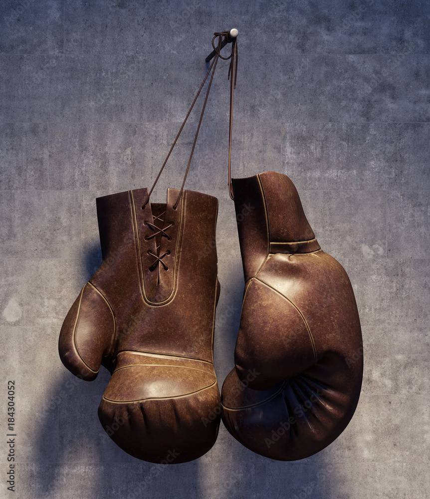 Brown leather boxing gloves hanging on grungy concrete wall 3D Rendering