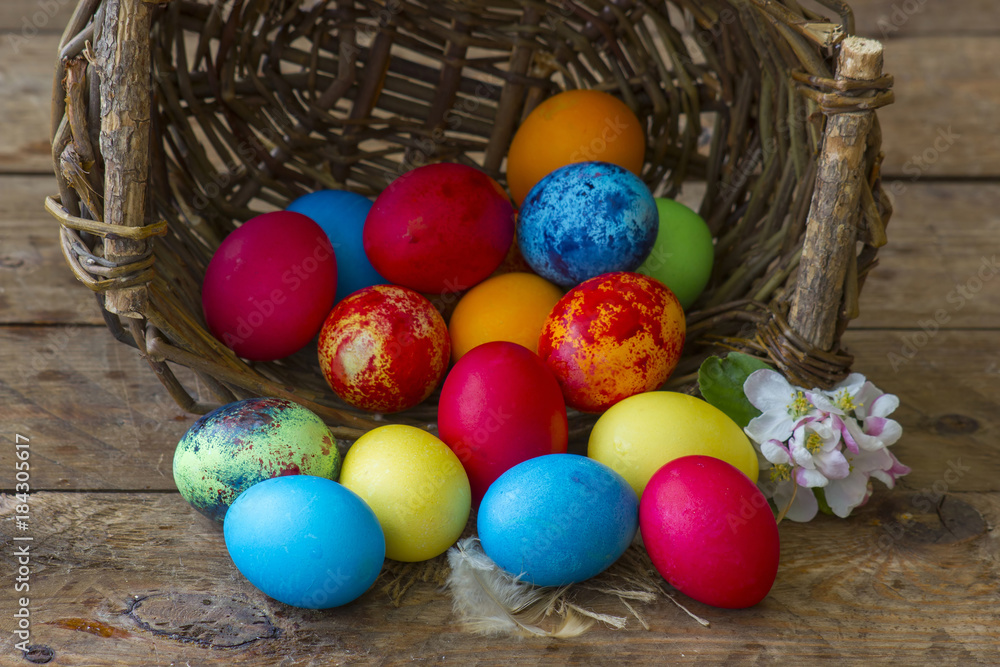 Happy Easter, colorful eggs in a basket Happy Easter, colorful eggs in a basket