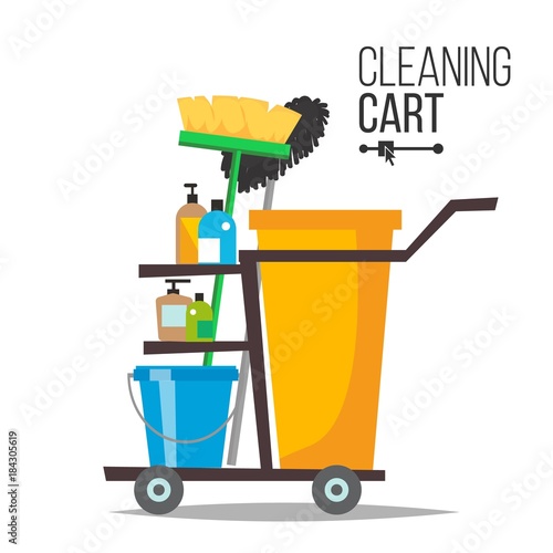 Cleaning Cart Vector. Classic Trolley Cleaning Service Cart. Broom, Bucket, Detergents, Cleaning Tools, Supplies. Yellow Plastic Janitor Cart With Shelves Isolated Illustration