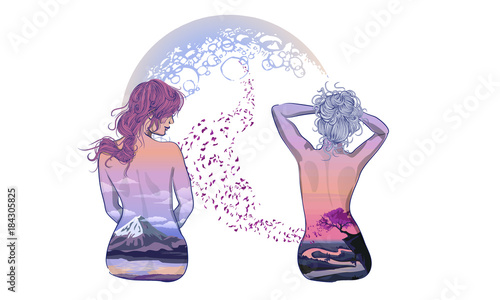 A romantic girl sits on the background of the moon. Body art girl, body painted with scenery. Romantic girl on the background of the moon and stellar sky tattoo and t-shirt design. woman sitting in th