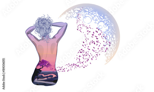A romantic girl sits on the background of the moon. Body art girl, body painted with scenery. Romantic girl on the background of the moon and stellar sky tattoo and t-shirt design. woman sitting in th