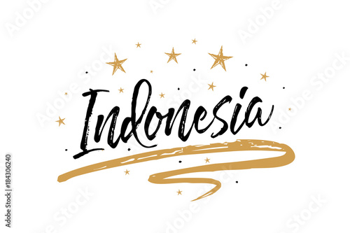 Indonesia. Name country word text card, banner script. Beautiful typography inscription greeting calligraphy poster black, gold ribbon, star. Handwritten design modern brush lettering isolated vector
