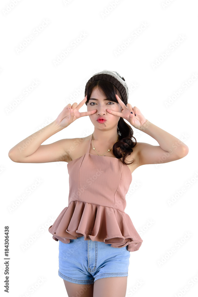 Portrait of hipster girl on white wall,lifestyle of modern teen,Thailand people Portrait of hipster girl on white wall,lifestyle of modern teen,Thailand people