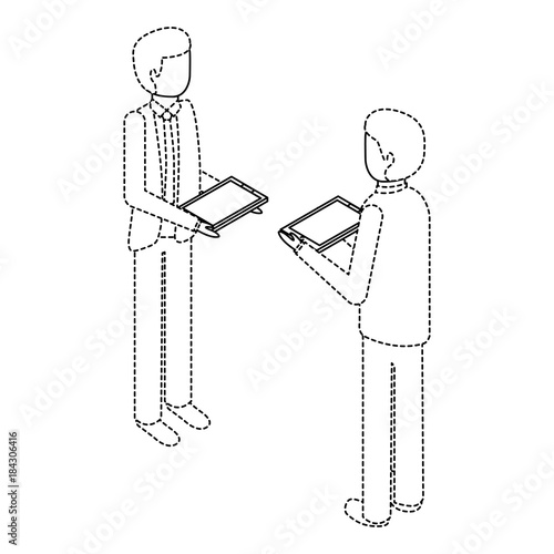 businessmen standing holding device technology isometric vector illustration