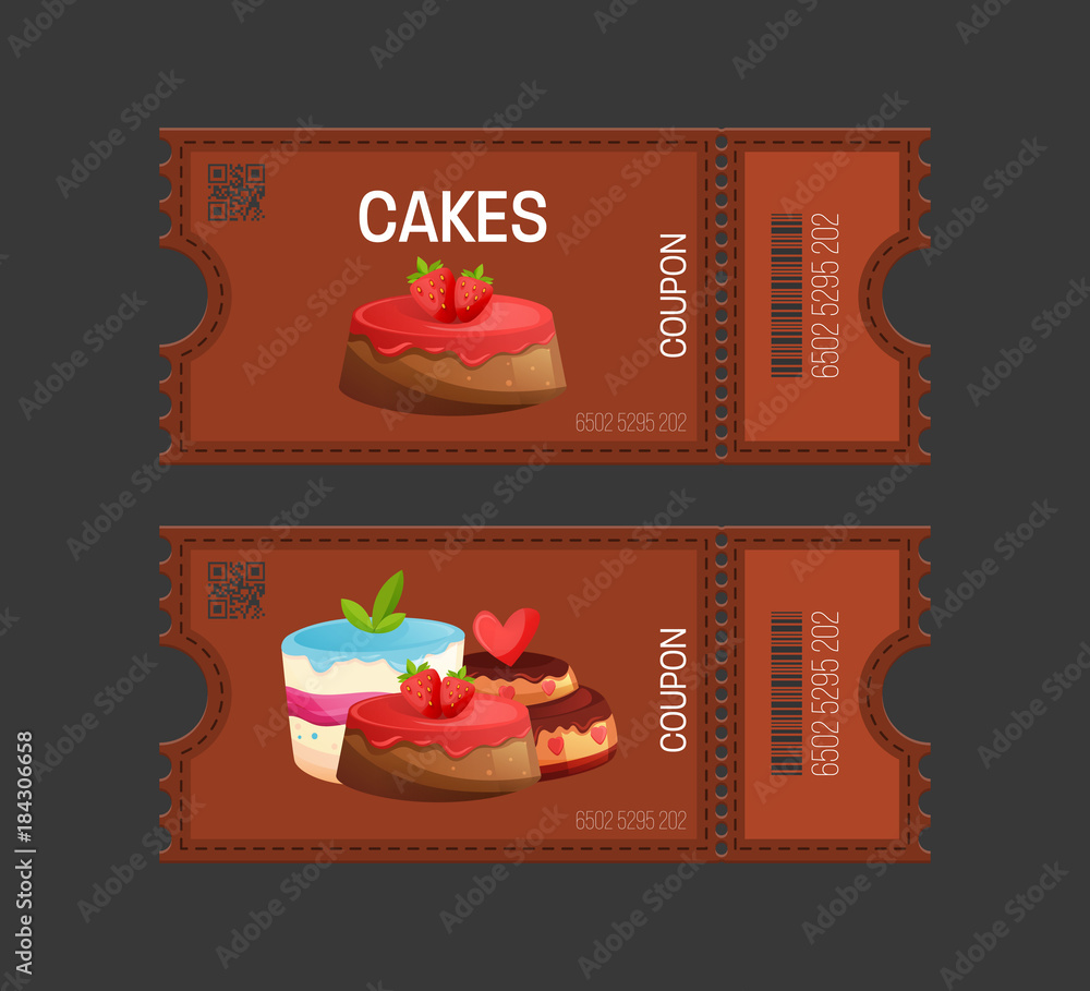 Cakes coupon. Gift Voucher ticket card. Coupon food, drink, eating