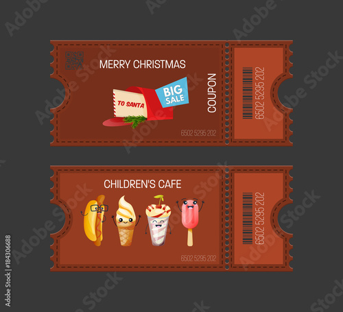 Merry christmas, children s cafe concept. Cakes coupon. Gift Voucher ticket.