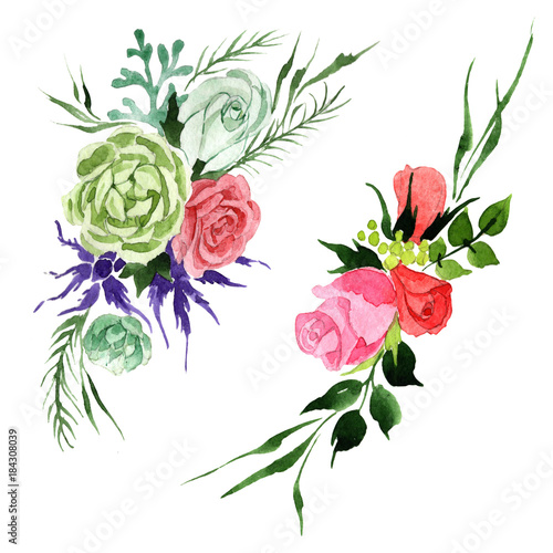Fototapeta Naklejka Na Ścianę i Meble -  Bouquet flower in a watercolor style isolated. Full name of the plant: rosa, hulthemia. Aquarelle wild flower for background, texture, wrapper pattern, frame or border.