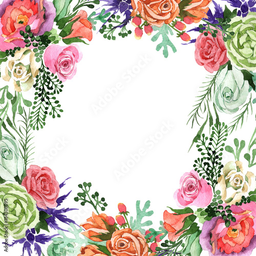 Bouquet flower frame in a watercolor style. Full name of the plant: rosa, hulthemia. Aquarelle wild flower for background, texture, wrapper pattern, frame or border.