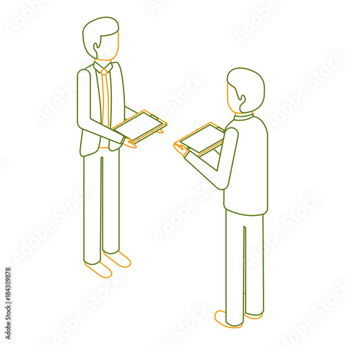 businessmen standing holding device technology isometric vector illustration outline color
