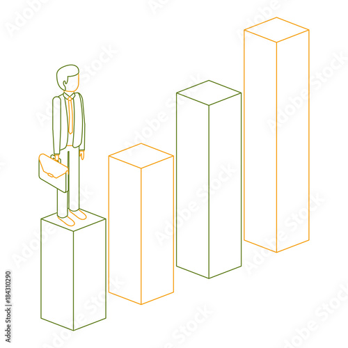 frustrated businessman with briefcase standing on a graph isometric vector illustration outline color