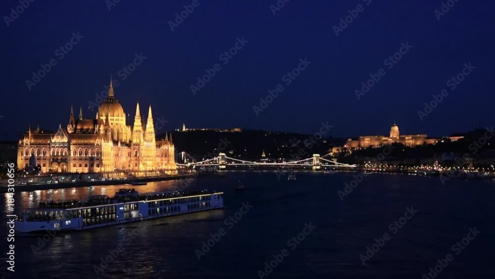 Beautiful evening landscape with boats floating on the Danube in Budapest, Hungary with a brightly lit bridge and parliament. Beautiful evening landscape with boats floating on the Danube in Budapest, Hungary with a brightly lit bridge and parliament.