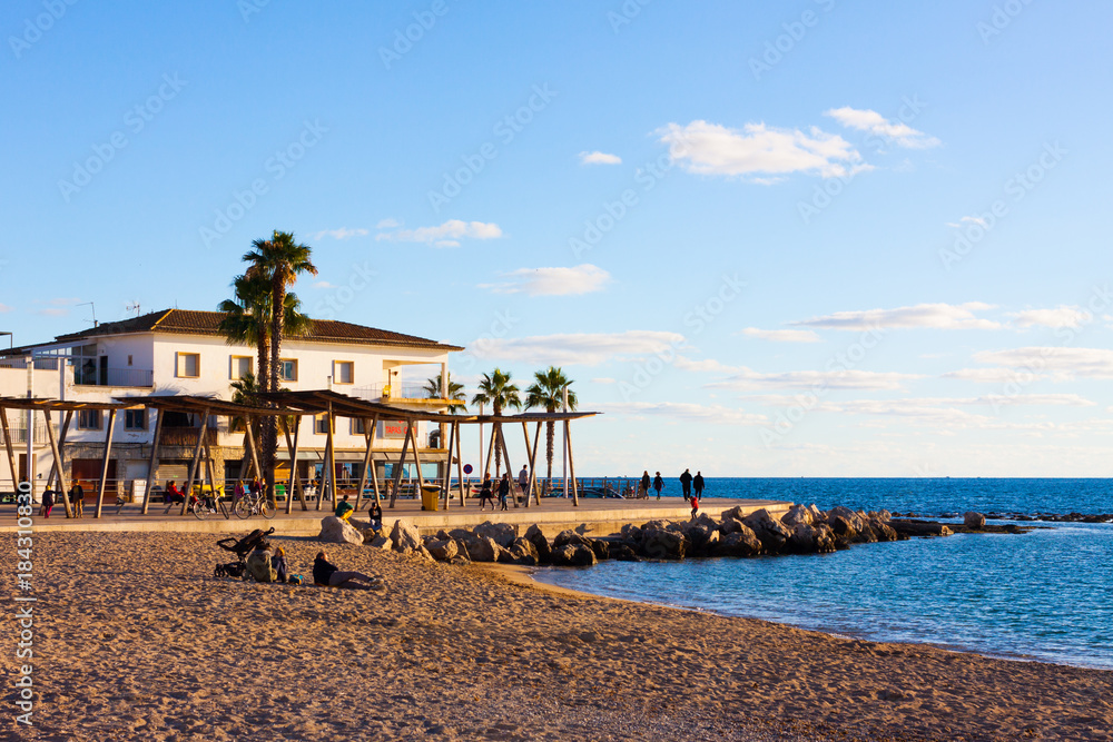 Promenade along the beach in Portixol. Palma, Majorca, Spain - obrazy, fototapety, plakaty 