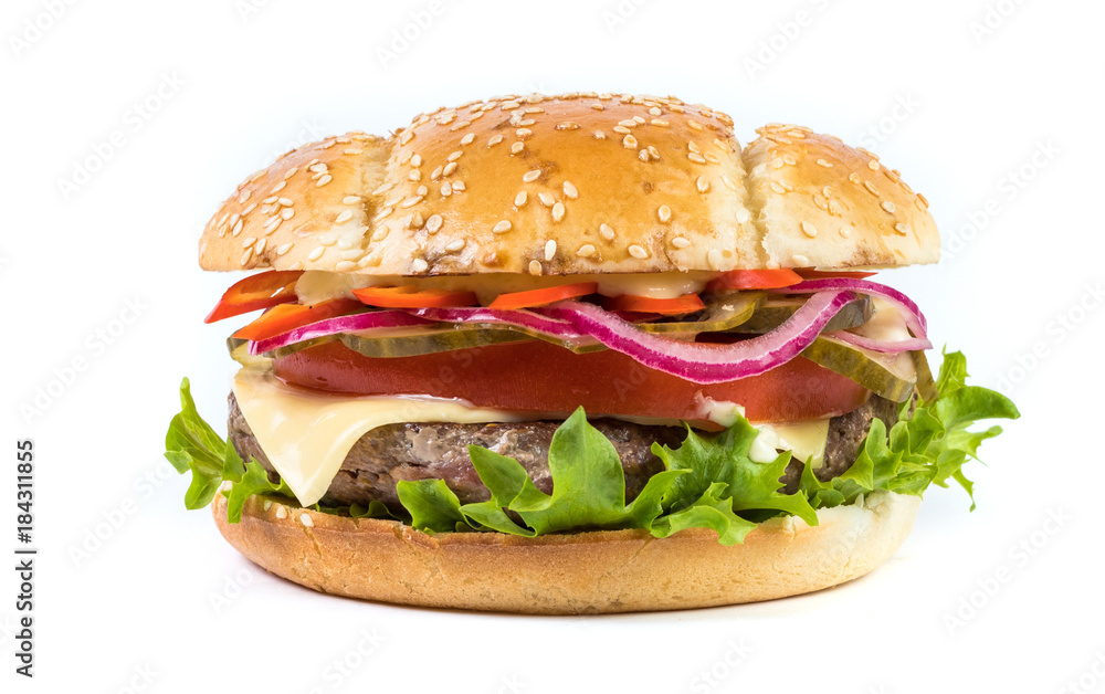 Fast food Burger with salad isolated against white background Fast food Burger with salad isolated against white background
