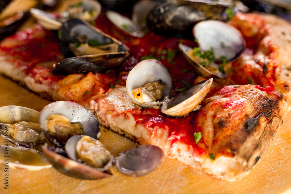 Sea pizza with mussels and clams