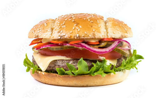 Fast food Burger with salad isolated against white background