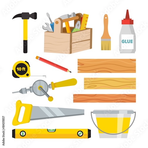 Carpentry And Woodwork Tools Set Vector. Repair And Building Accessories. Board, Hammer, Toolbox, Brush, Glue, Pencil, Tape Measure, Saw, Ruler, Bucket, Drill. Isolated Flat Cartoon Illustration