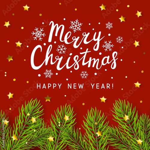 Christmas tree branches on red background